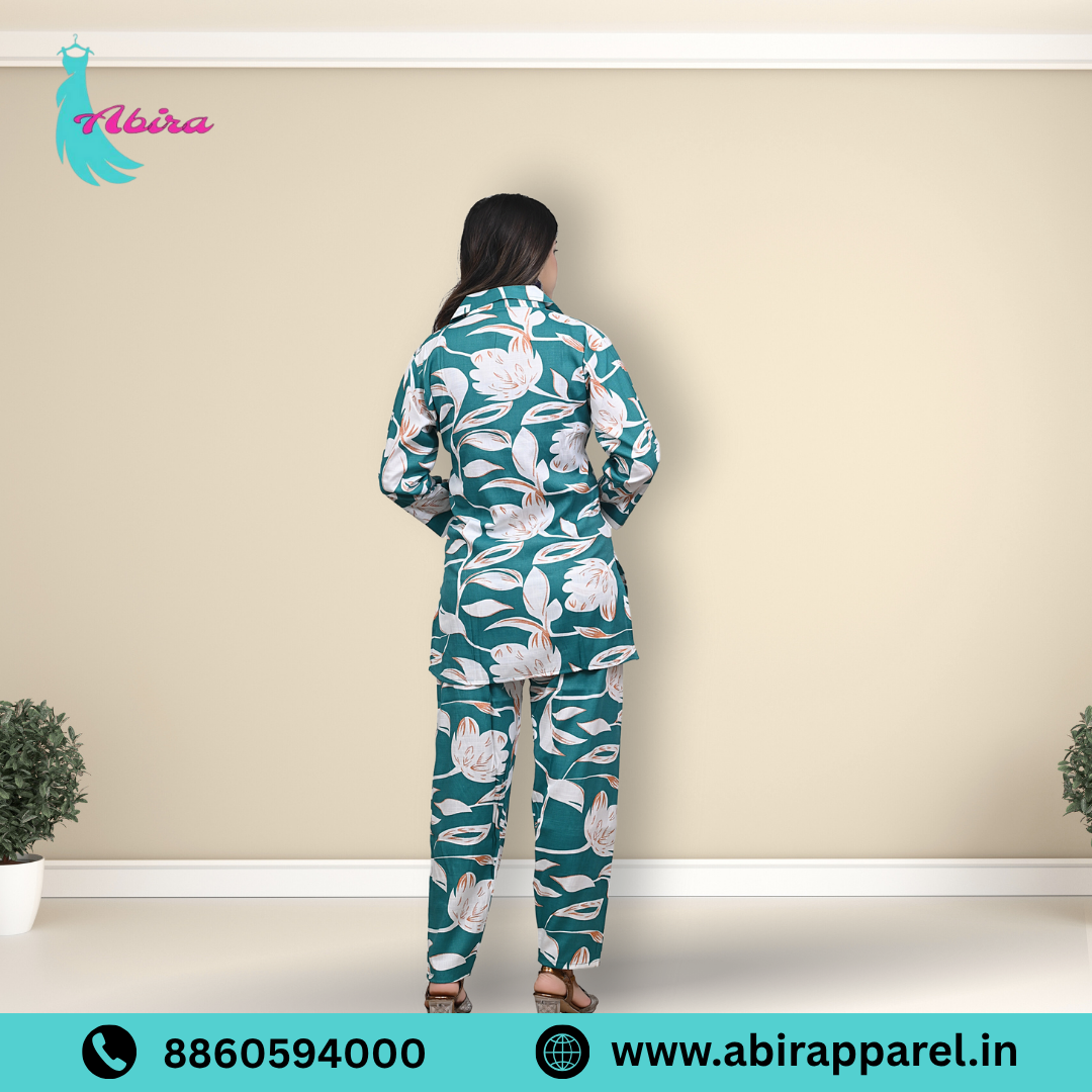Teal Leaf Print Cotton Co-Ord Set – Stylish & Comfortable Western Fusion Wear for Women