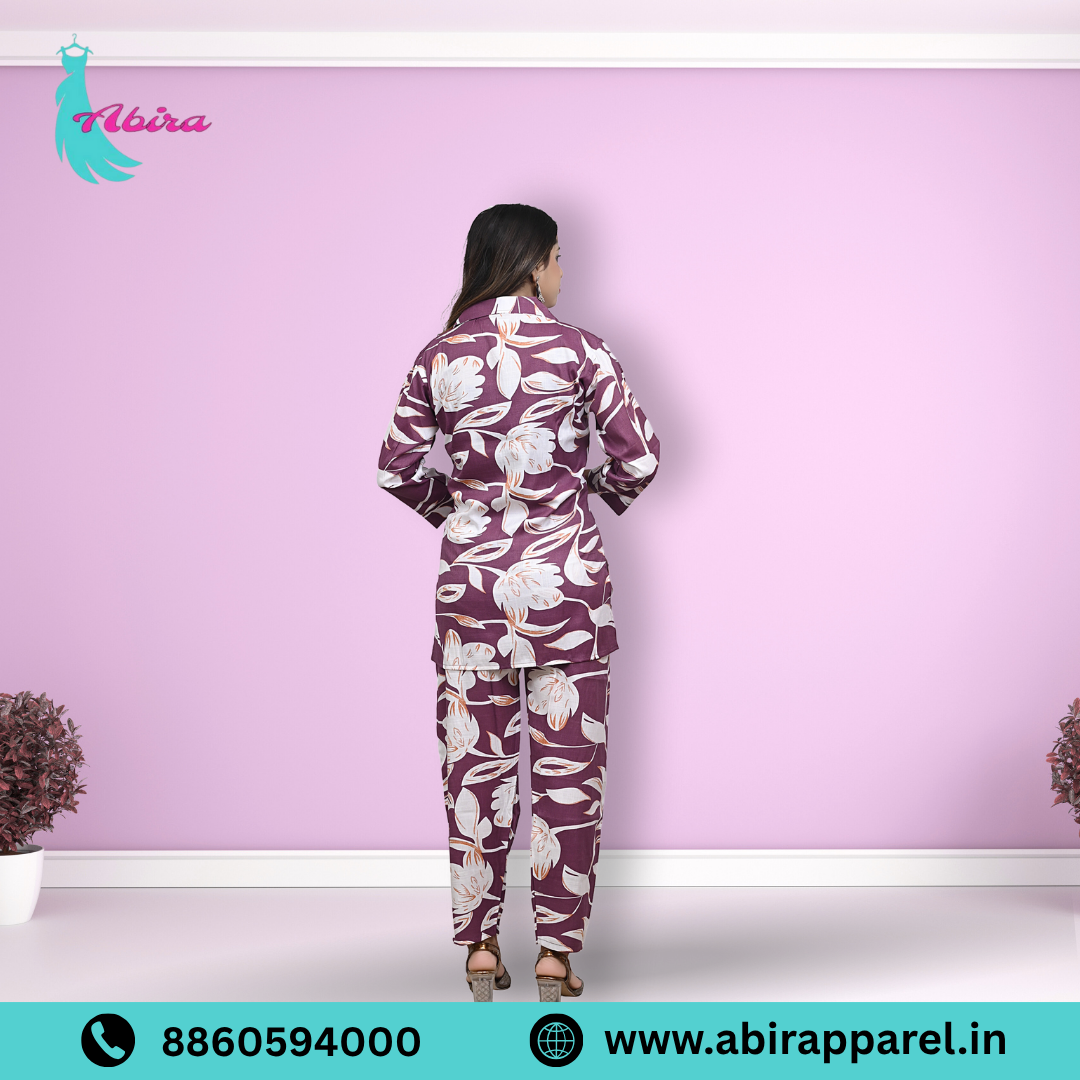 Purple Floral Leaf Print Cotton Co-Ord Set – Elegant & Comfortable Daily Wear for Women