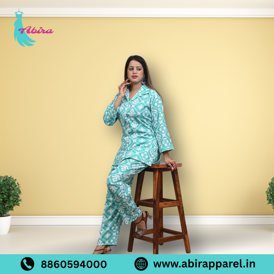 Aqua Ikat Printed Cotton Co-Ord Set – Stylish & Comfortable Daily Wear for Women