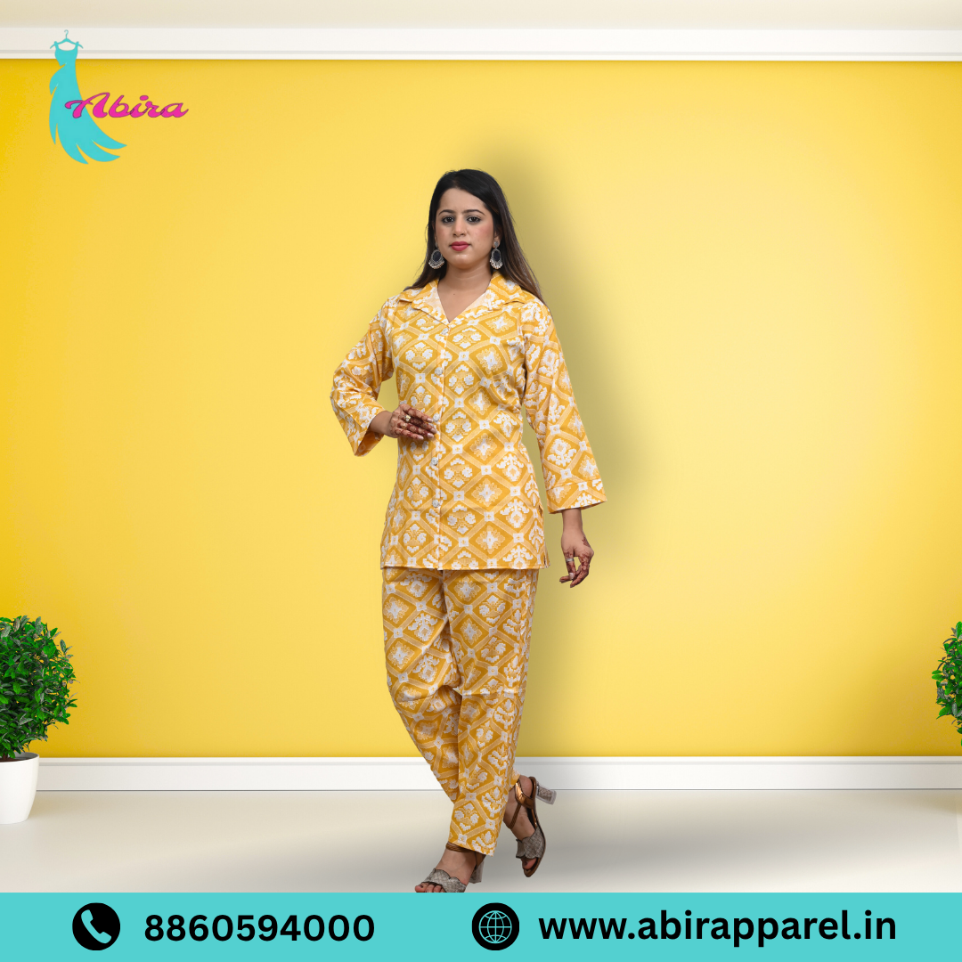 Yellow Ikat Printed Cotton Co-Ord Set – Elegant & Comfortable Daily Wear for Women