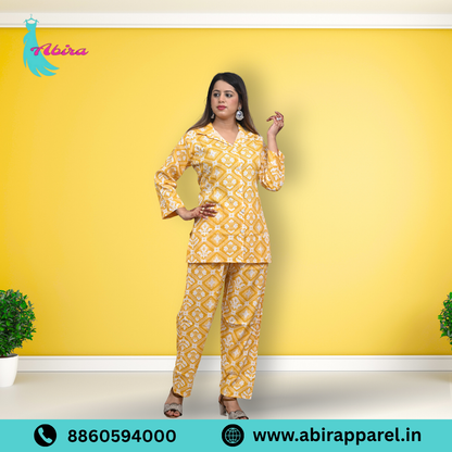 Yellow Ikat Printed Cotton Co-Ord Set – Elegant & Comfortable Daily Wear for Women