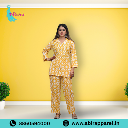 Yellow Ikat Printed Cotton Co-Ord Set – Elegant & Comfortable Daily Wear for Women