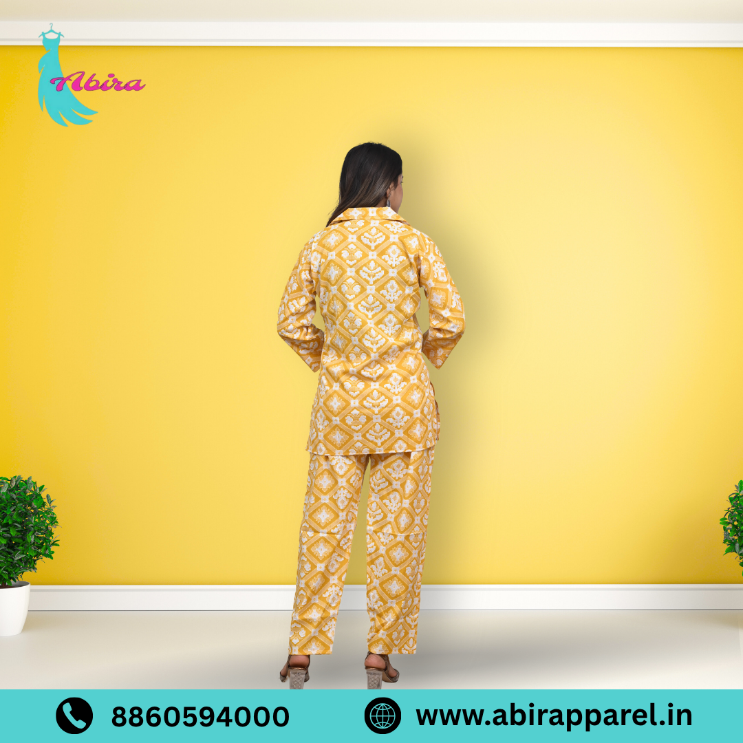 Yellow Ikat Printed Cotton Co-Ord Set – Elegant & Comfortable Daily Wear for Women