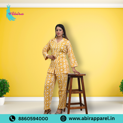 Yellow Ikat Printed Cotton Co-Ord Set – Elegant & Comfortable Daily Wear for Women