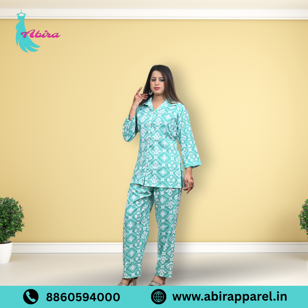 Aqua Ikat Printed Cotton Co-Ord Set – Stylish & Comfortable Daily Wear for Women