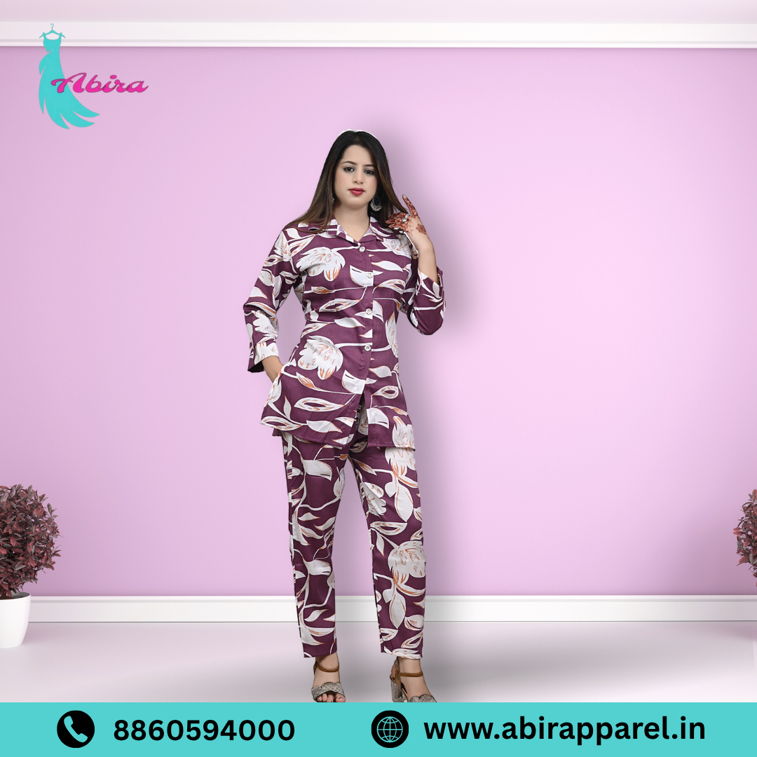 Purple Floral Leaf Print Cotton Co-Ord Set – Elegant & Comfortable Daily Wear for Women