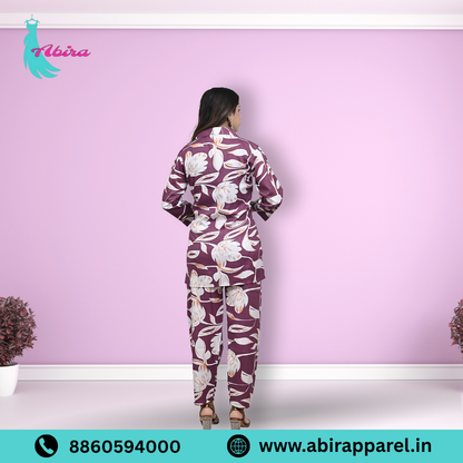 Purple Floral Leaf Print Cotton Co-Ord Set – Elegant & Comfortable Daily Wear for Women