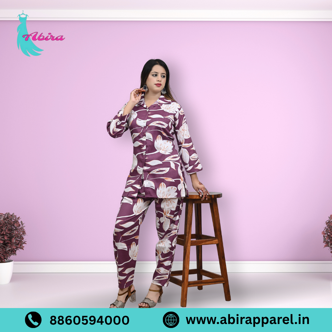 Purple Floral Leaf Print Cotton Co-Ord Set – Elegant & Comfortable Daily Wear for Women