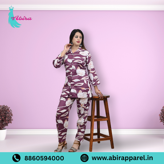 Purple Floral Leaf Print Cotton Co-Ord Set – Elegant & Comfortable Daily Wear for Women
