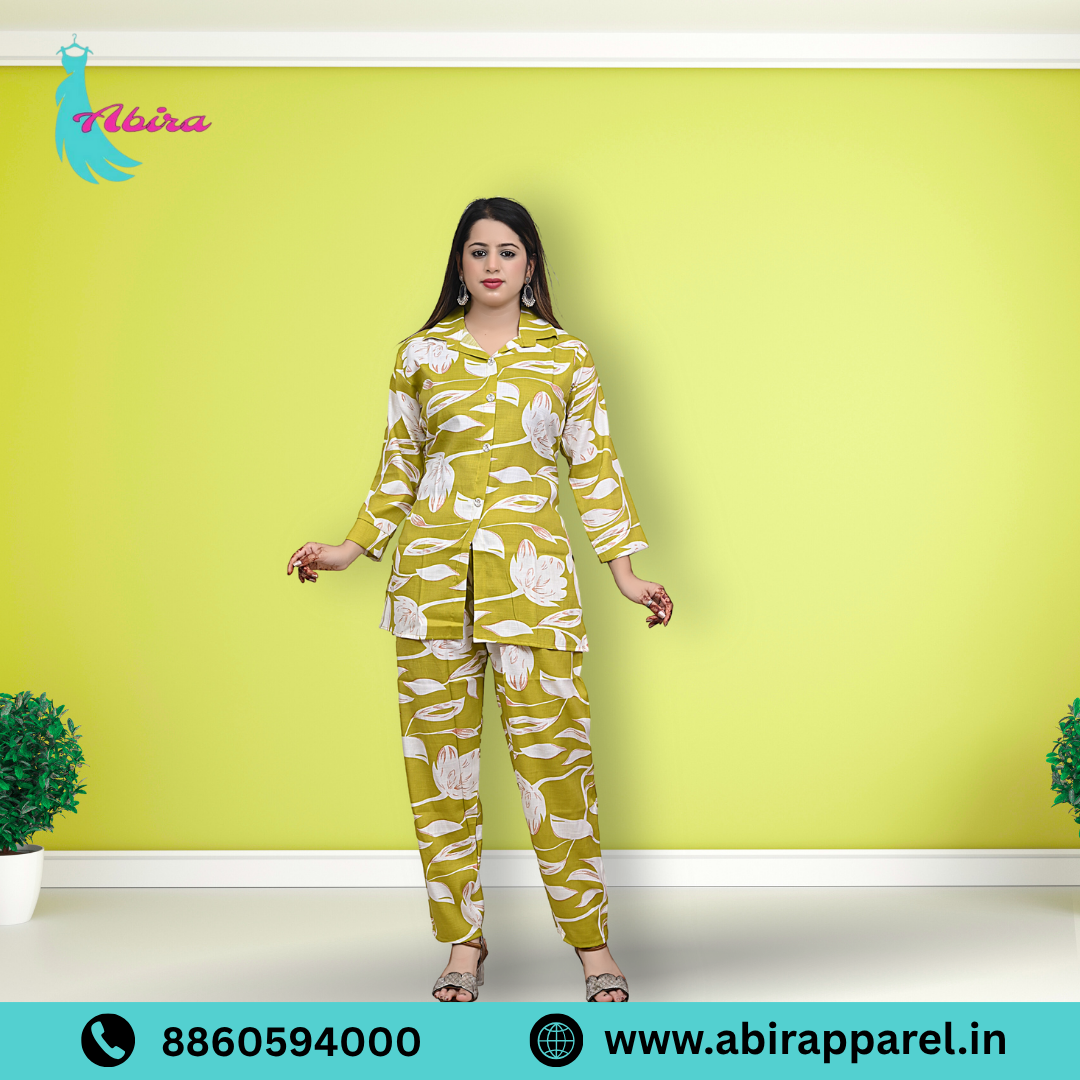 Mustard Leaf Print Cotton Co-Ord Set – Stylish & Comfortable Daily Wear for Women