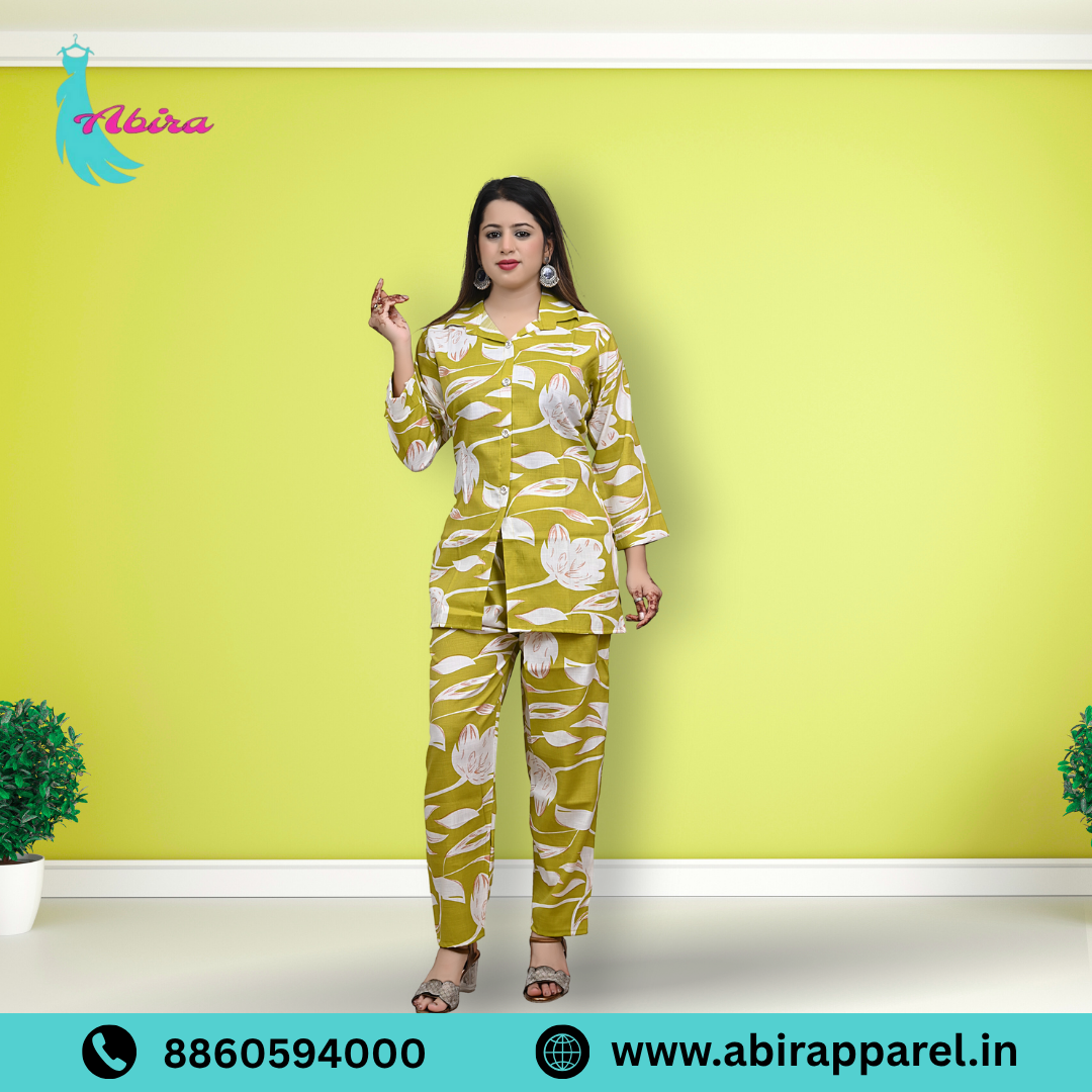 Mustard Leaf Print Cotton Co-Ord Set – Stylish & Comfortable Daily Wear for Women