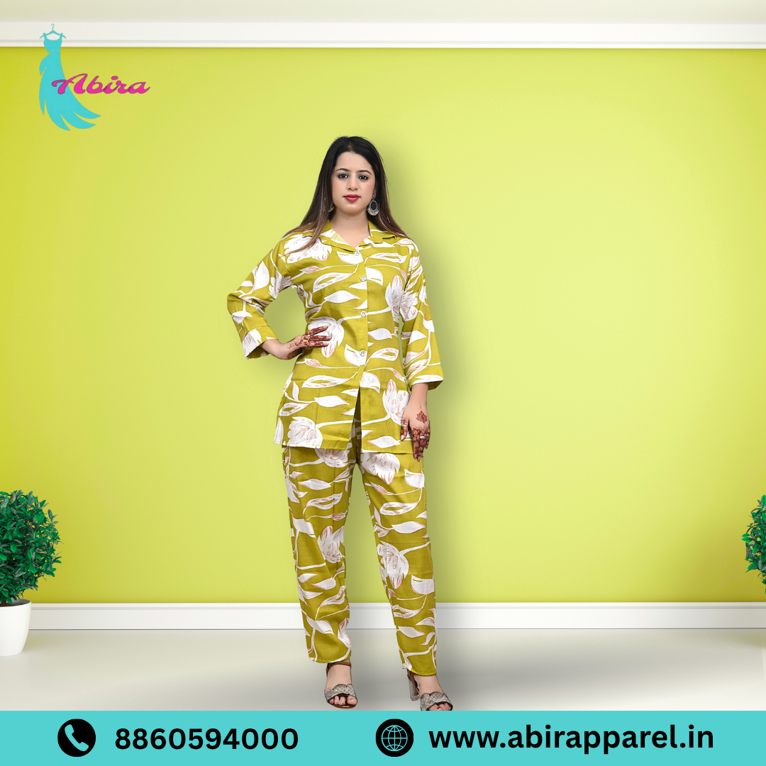 Mustard Leaf Print Cotton Co-Ord Set – Stylish & Comfortable Daily Wear for Women