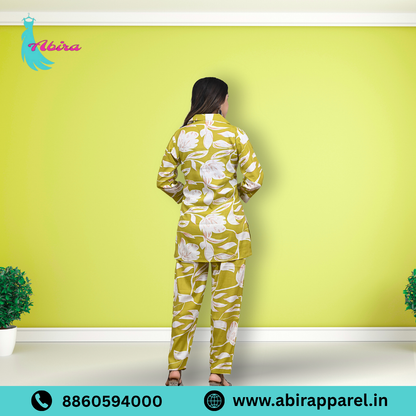 Mustard Leaf Print Cotton Co-Ord Set – Stylish & Comfortable Daily Wear for Women