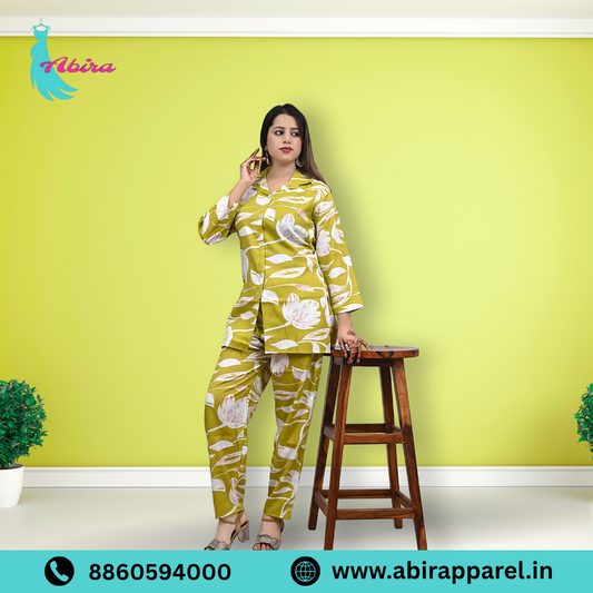 Mustard Leaf Print Cotton Co-Ord Set – Stylish & Comfortable Daily Wear for Women