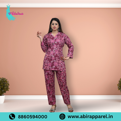 Pink Floral Print Cotton Co-Ord Set – Elegant & Comfortable Daily Wear for Women