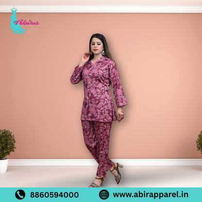 Pink Floral Print Cotton Co-Ord Set – Elegant & Comfortable Daily Wear for Women