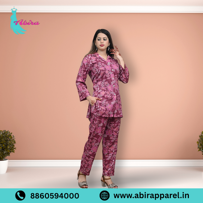 Pink Floral Print Cotton Co-Ord Set – Elegant & Comfortable Daily Wear for Women