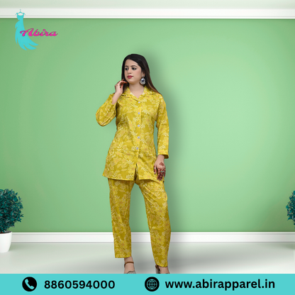 Yellow Floral Print Cotton Co-Ord Set – Bright, Stylish & Comfortable Daily Wear for Women