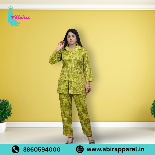 Green Floral Print Cotton Co-Ord Set – Elegant, Fresh & Comfortable Daily Wear for Women