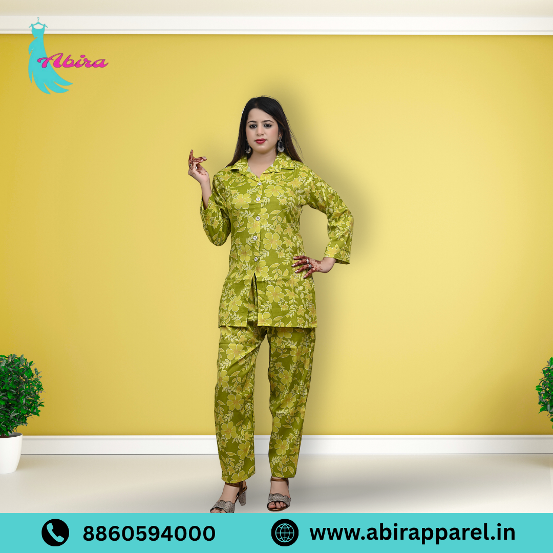 Green Floral Print Cotton Co-Ord Set – Elegant, Fresh & Comfortable Daily Wear for Women