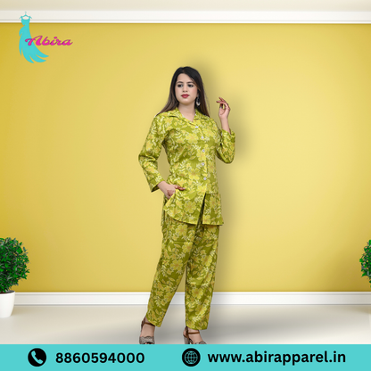 Green Floral Print Cotton Co-Ord Set – Elegant, Fresh & Comfortable Daily Wear for Women
