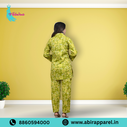 Green Floral Print Cotton Co-Ord Set – Elegant, Fresh & Comfortable Daily Wear for Women