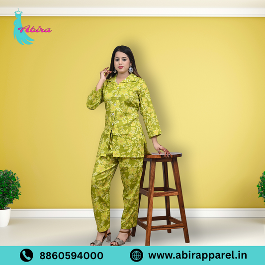 Green Floral Print Cotton Co-Ord Set – Elegant, Fresh & Comfortable Daily Wear for Women